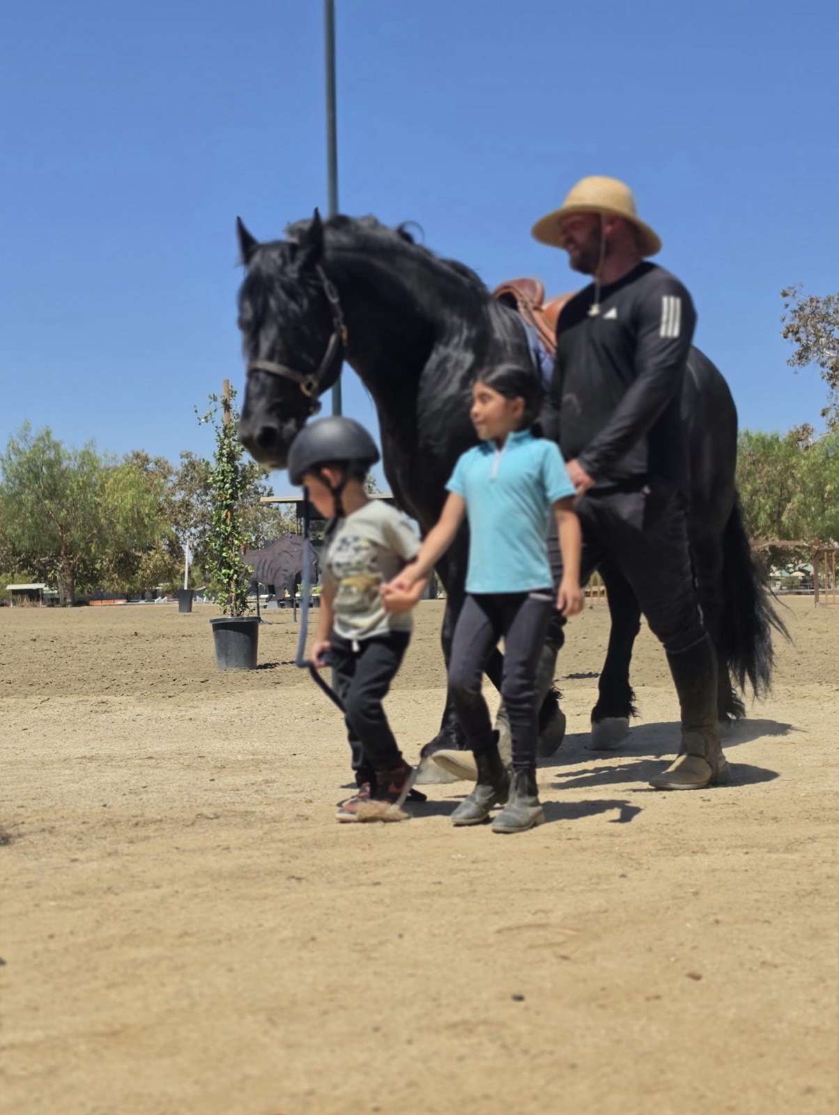 Kids walking with a Friesian horse and instructor in the arena