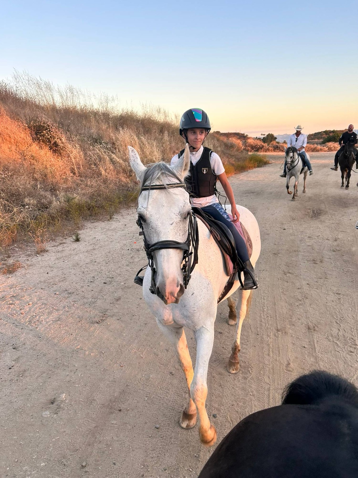 Young rider on a white horse during a sunset trail ride