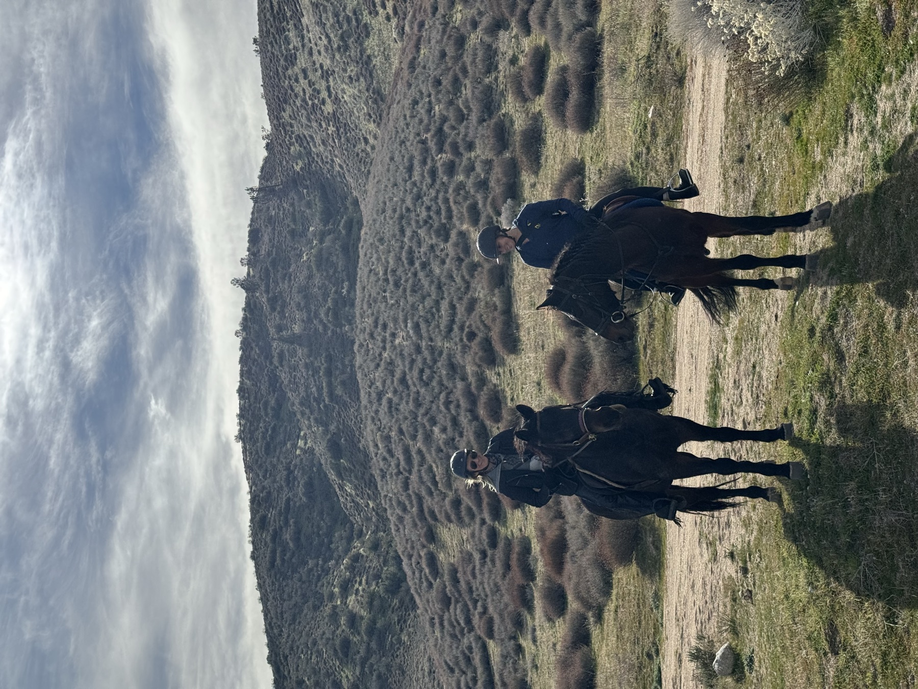 Two riders on dark horses on a trail through the hills